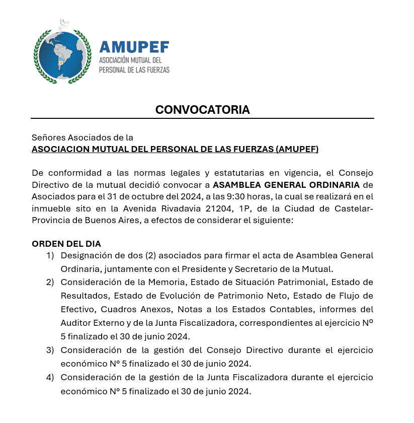 Convocatoria: Asociación Mutual del Personal de las Fuerzas (AMUPEF)